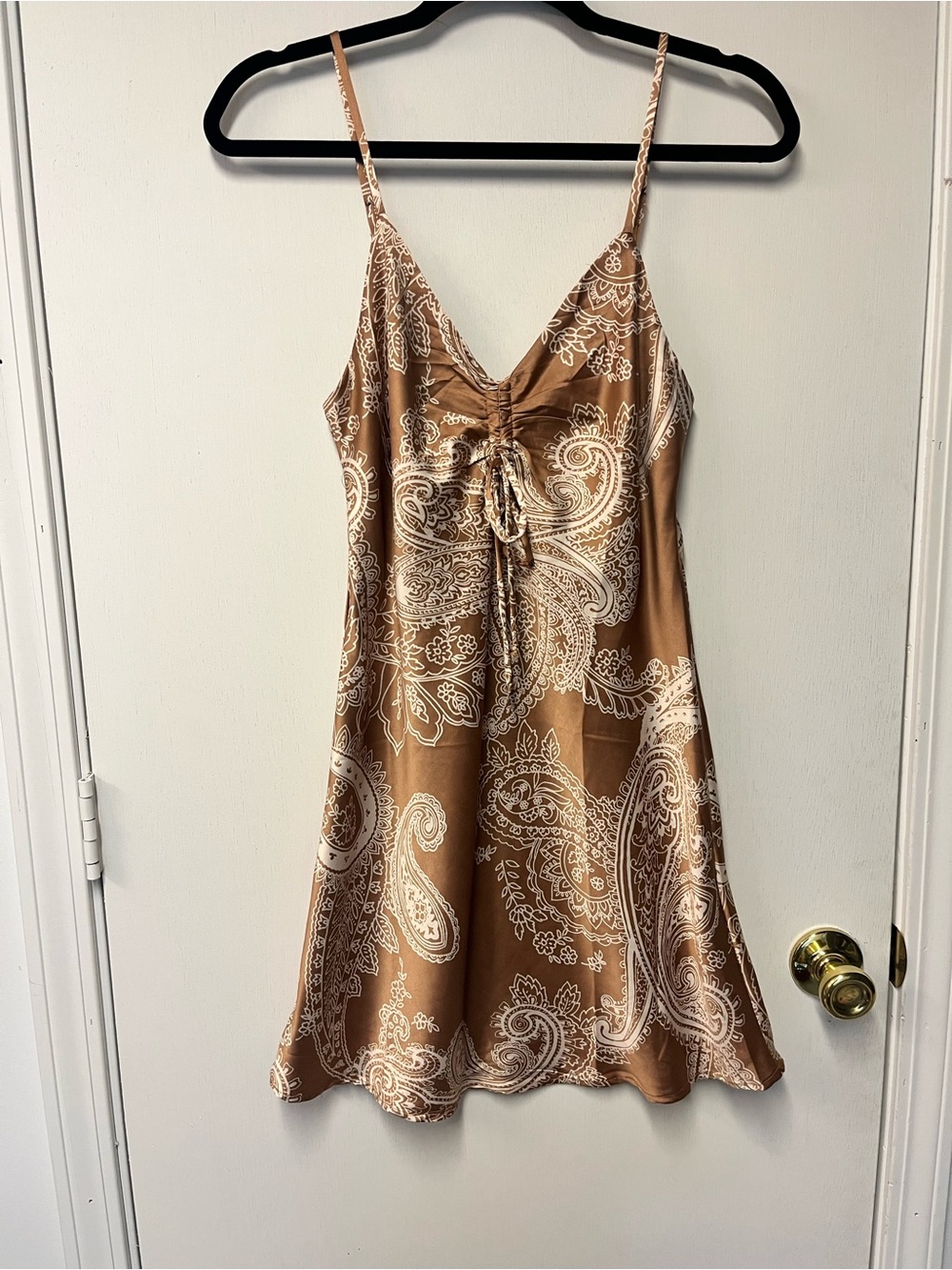 Timing Satin Paisley Slip Dress Brown Cream Tie Front